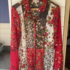 Vibrant Floral Patchwork Blouse - Red and Black
